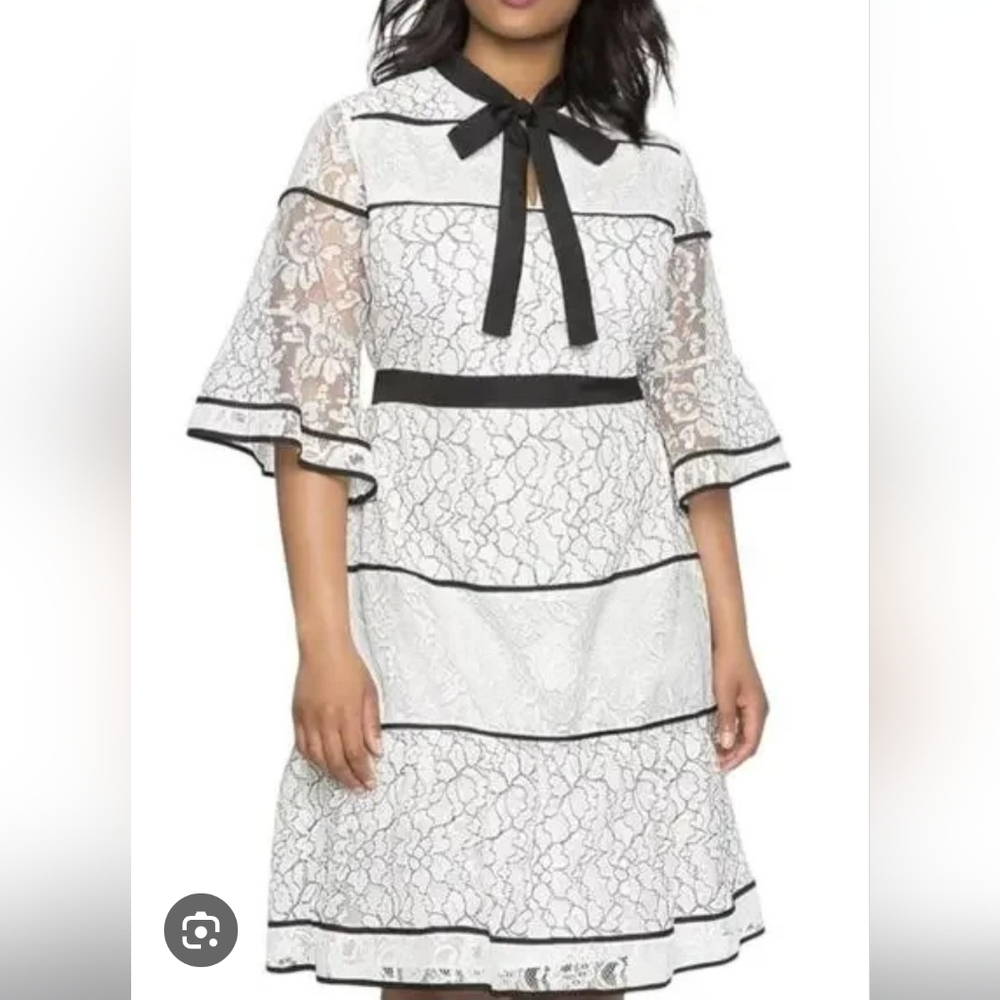 Eloquii Studio Elegant White Lace Dress with Black Piping Accents Size 22